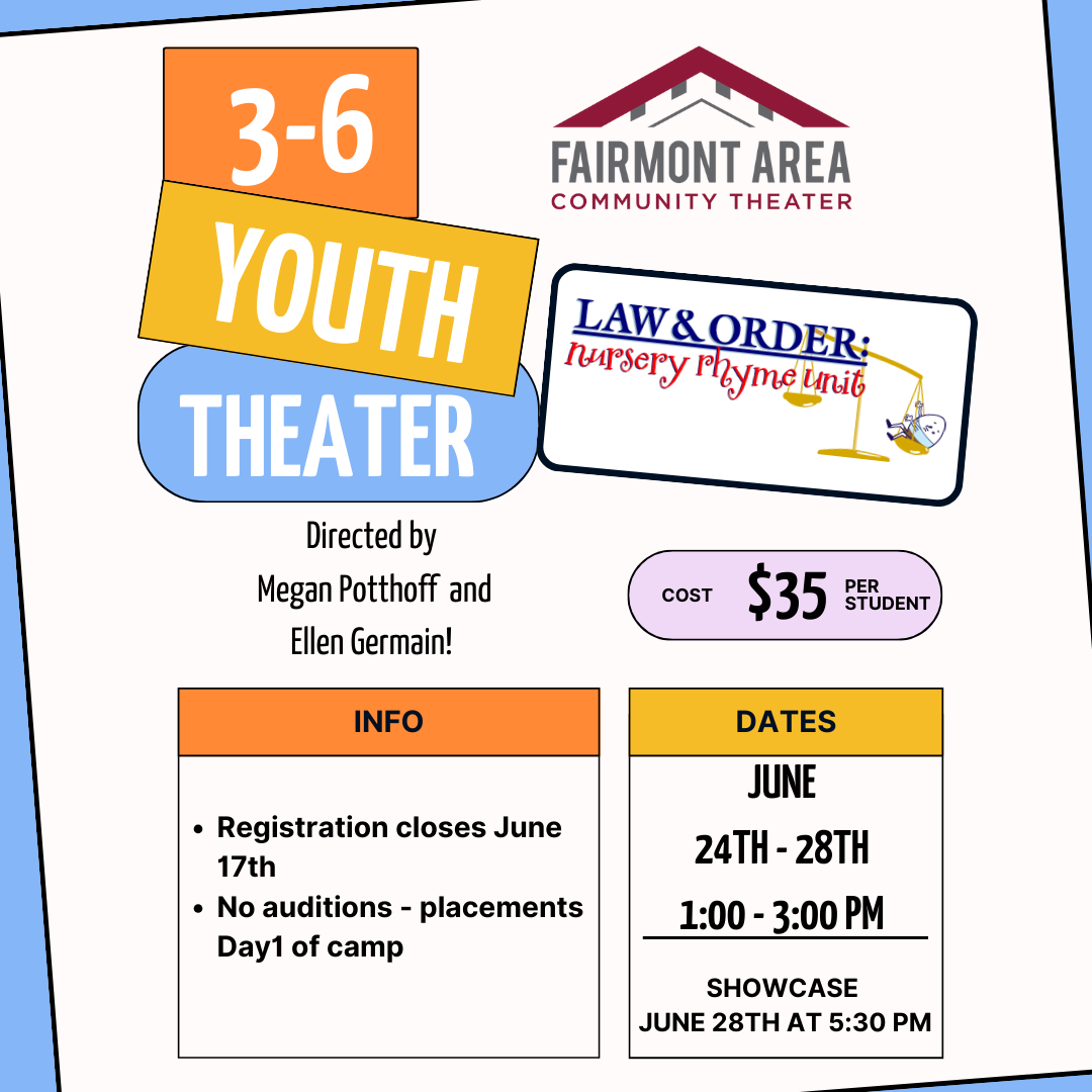 3-6 Youth Theater directed by Megan Potthoff and Ellen Germain cost $35 per student Dates: June 24th-28th 1-3pm showcase June 28th at 5:30